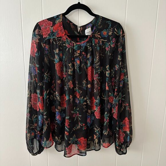 Anthropologie Maeve Black Moody Floral Sheer Long Sleeve Blouse Flowy - Picture 1 of 12